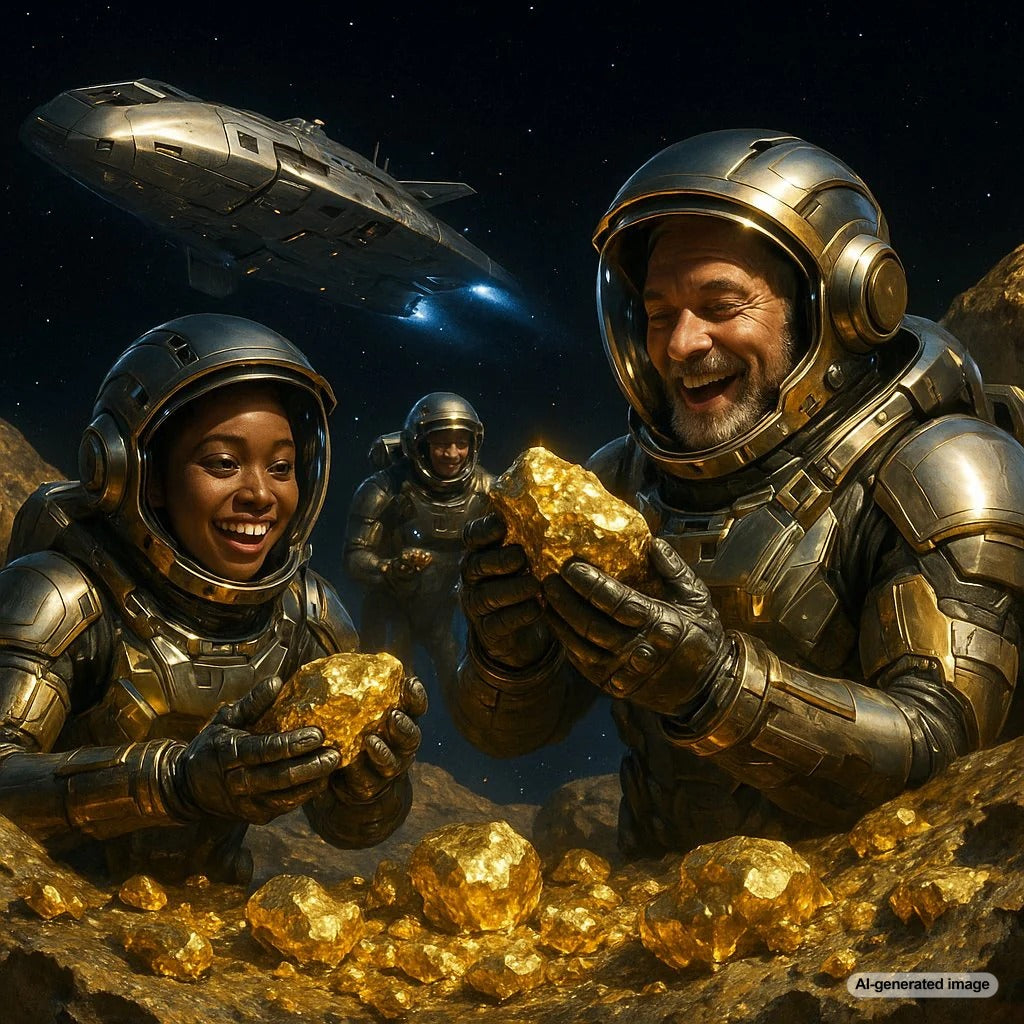 Conceptual image of a spacecraft mining a gold-filled asteroid against the backdrop of Earth, symbolizing the future of jewelry sourcing