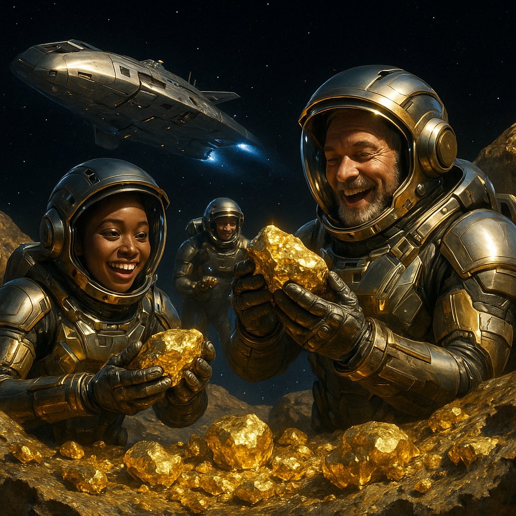 Conceptual image of a spacecraft mining a gold-filled asteroid against the backdrop of Earth, symbolizing the future of jewelry sourcing