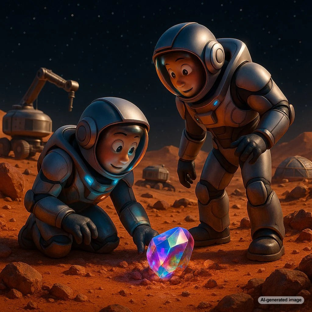 Futuristic concept image of a astronaut's hand holding a brilliant gemstone against the backdrop of the Martian surface