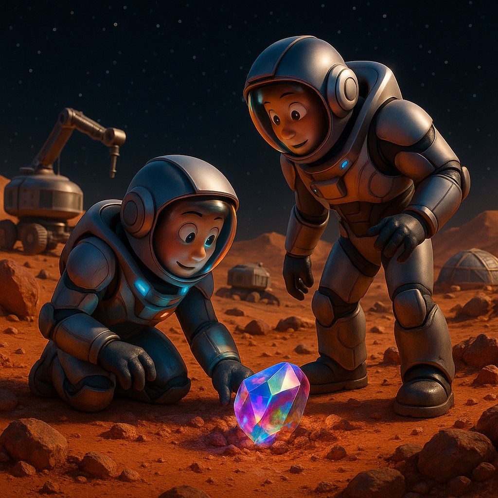 Futuristic concept image of a astronaut's hand holding a brilliant gemstone against the backdrop of the Martian surface