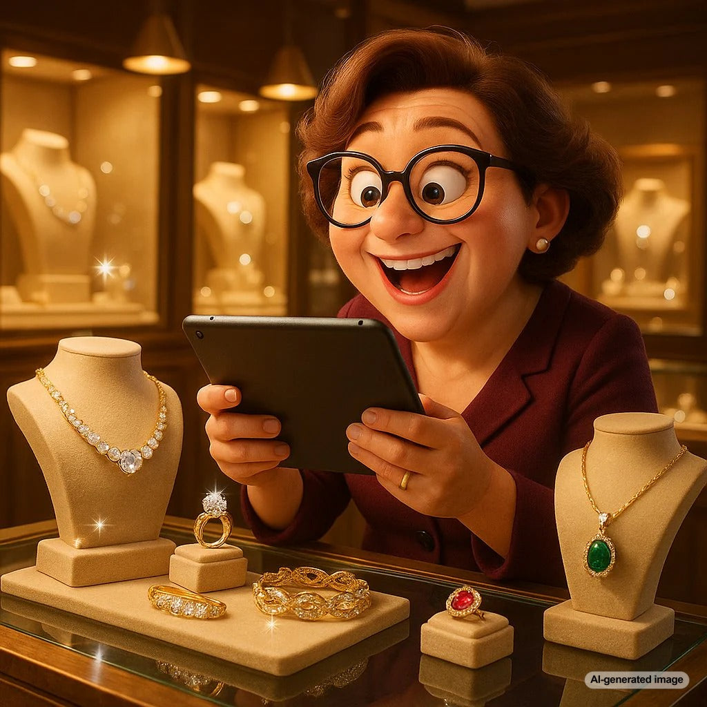 Woman using smartphone to photograph a beautiful diamond ring on a velvet surface for digital inventory