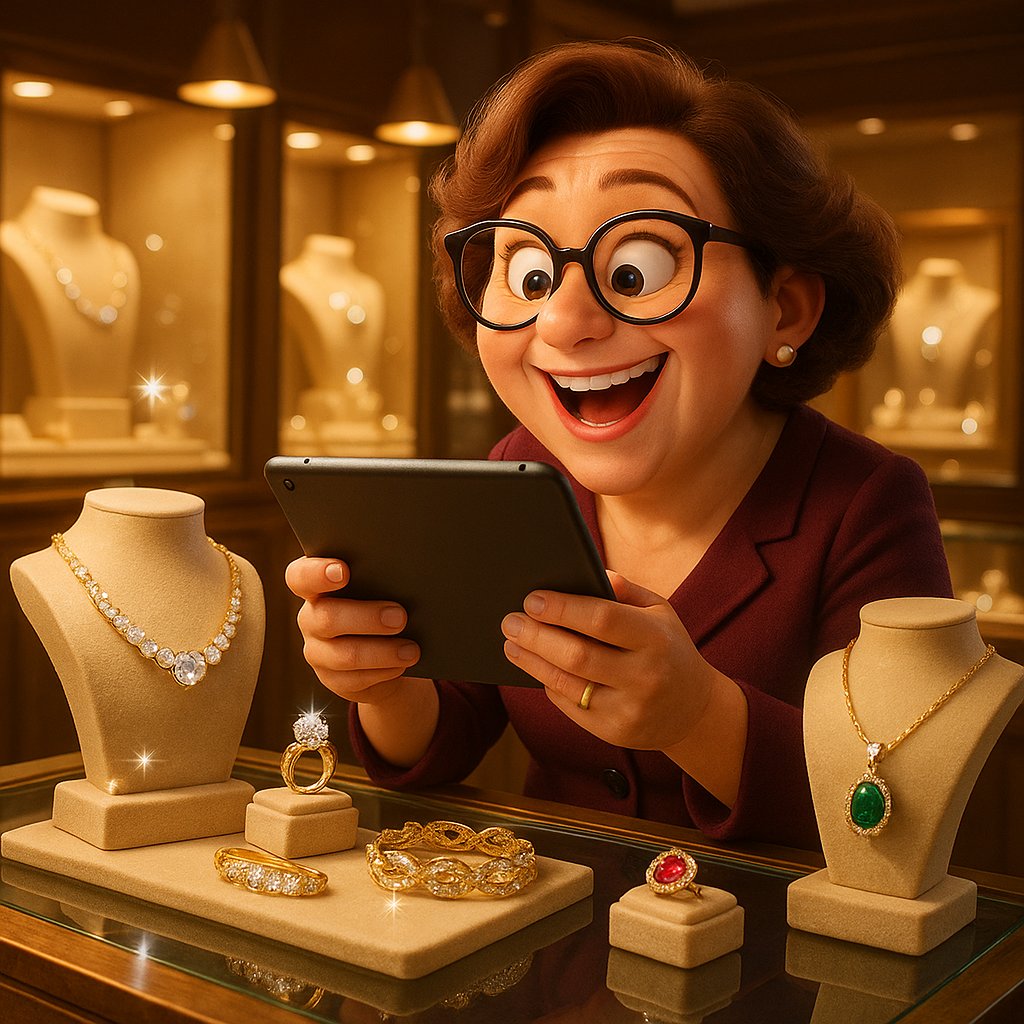 Woman using smartphone to photograph a beautiful diamond ring on a velvet surface for digital inventory