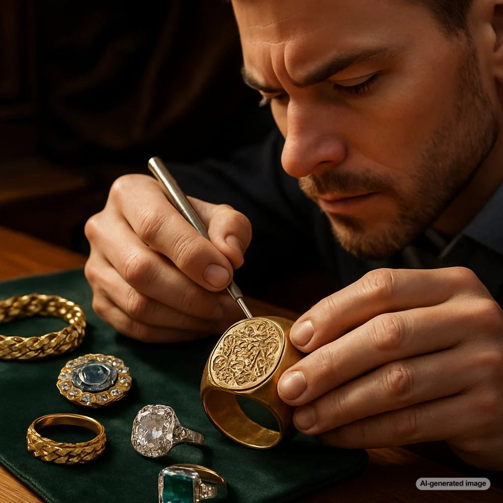 Custom family sigil engraved on heirloom jewelry piece showing detailed craftsmanship