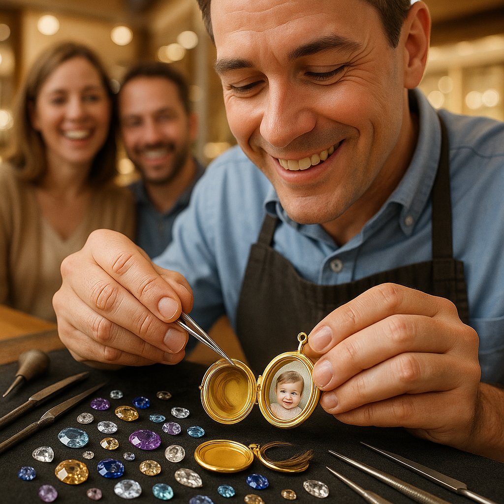 Close-up of an open vintage gold locket holding a black and white photo and a tiny braid of hair, resting on velvet.