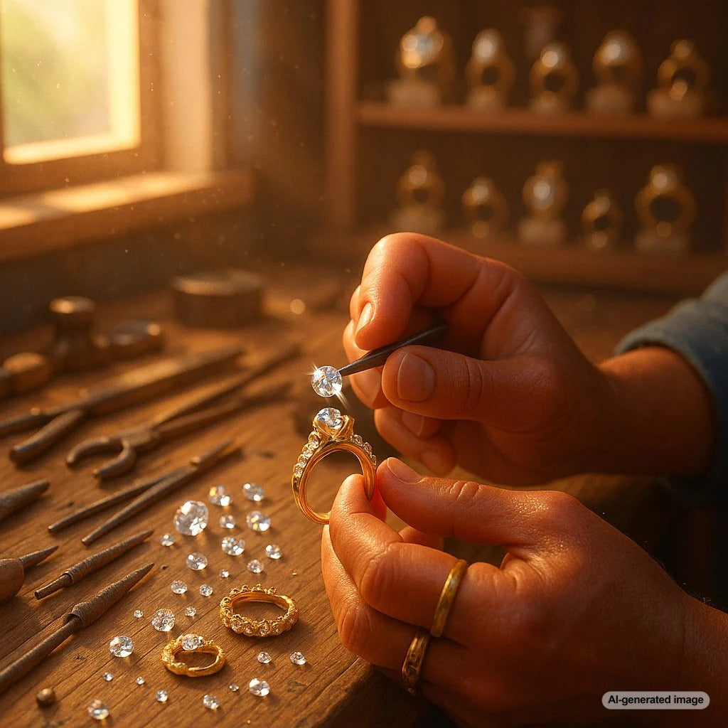 A multi-generational family's hands stacked together, all wearing meaningful and beautiful heirloom-quality rings and bracelets.