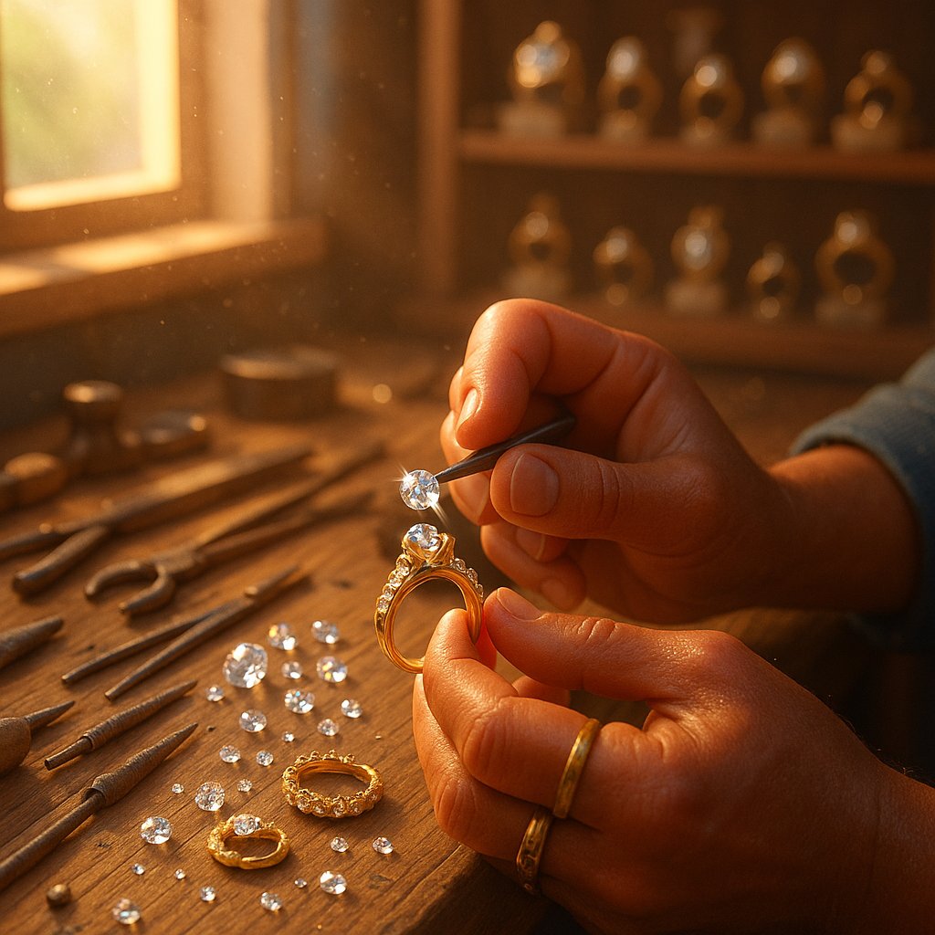 A multi-generational family's hands stacked together, all wearing meaningful and beautiful heirloom-quality rings and bracelets.