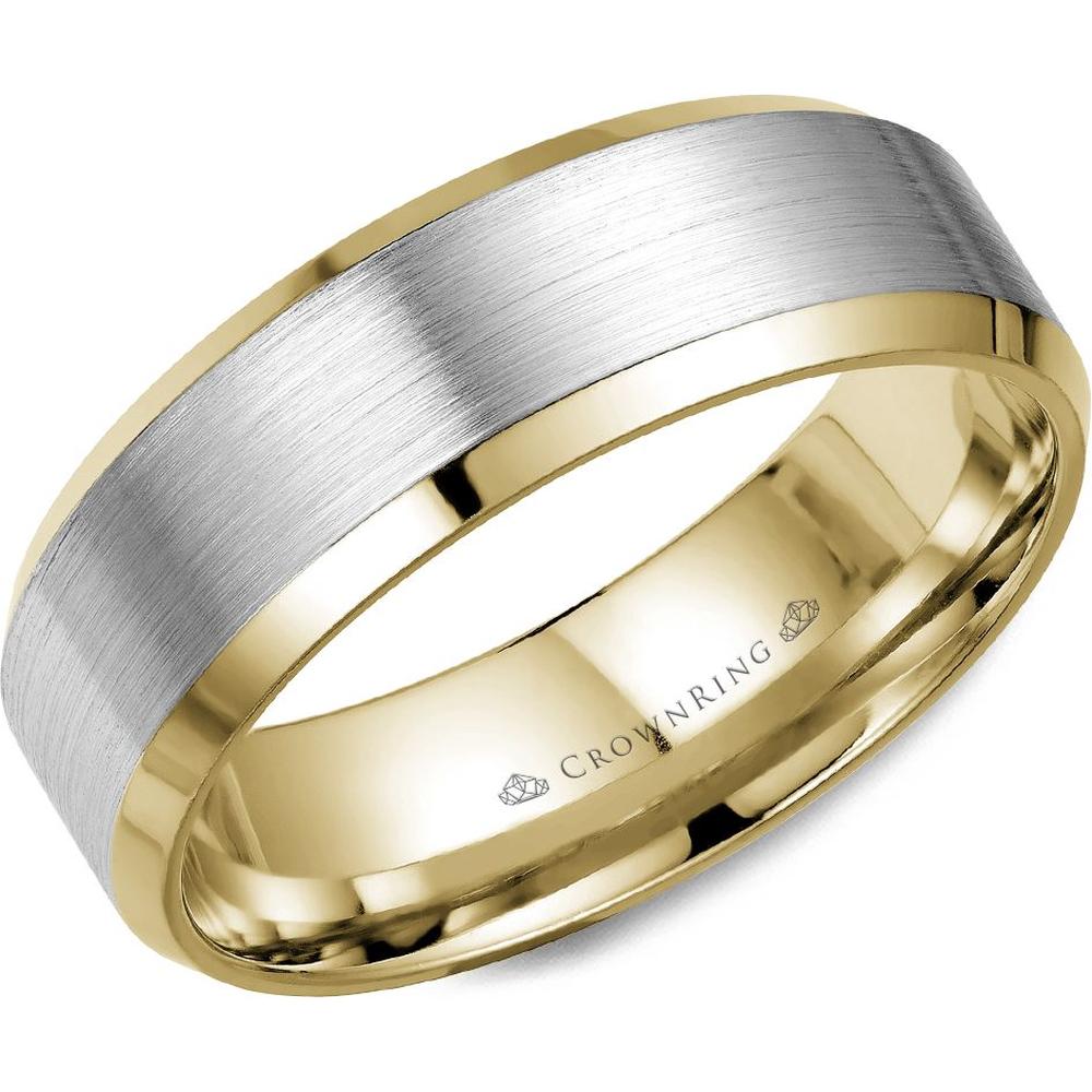 CrownRing Men's Wedding Band in 14K White Gold and Yellow Gold with Brushed Center and Polished Edges