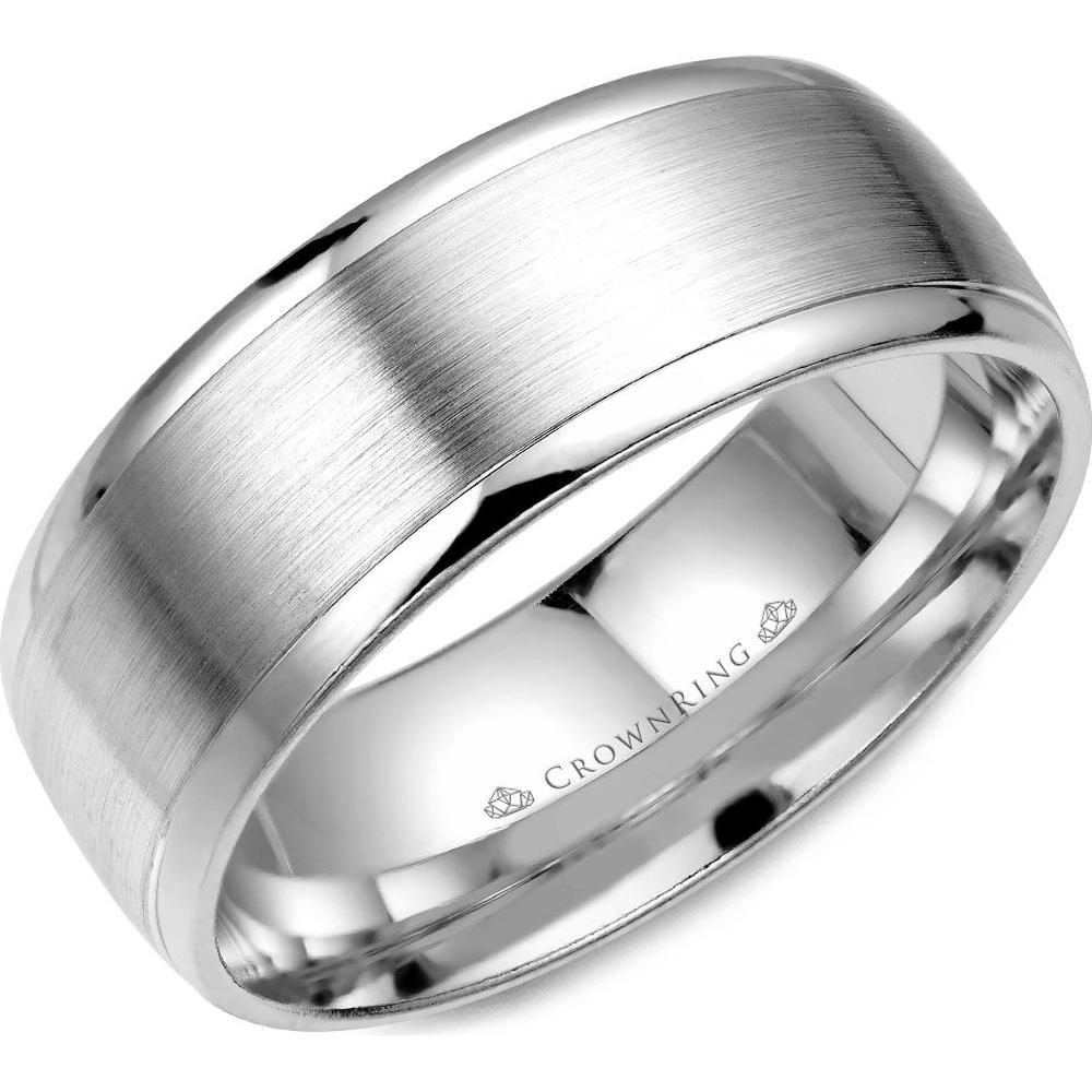 CrownRing Men's Wedding Band in 14K White Gold with Brushed Satin Finish and Polished Edges