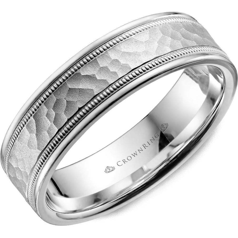 Hammered Men's Wedding Band with Sandblast Center and Milgrain Detail in White Gold