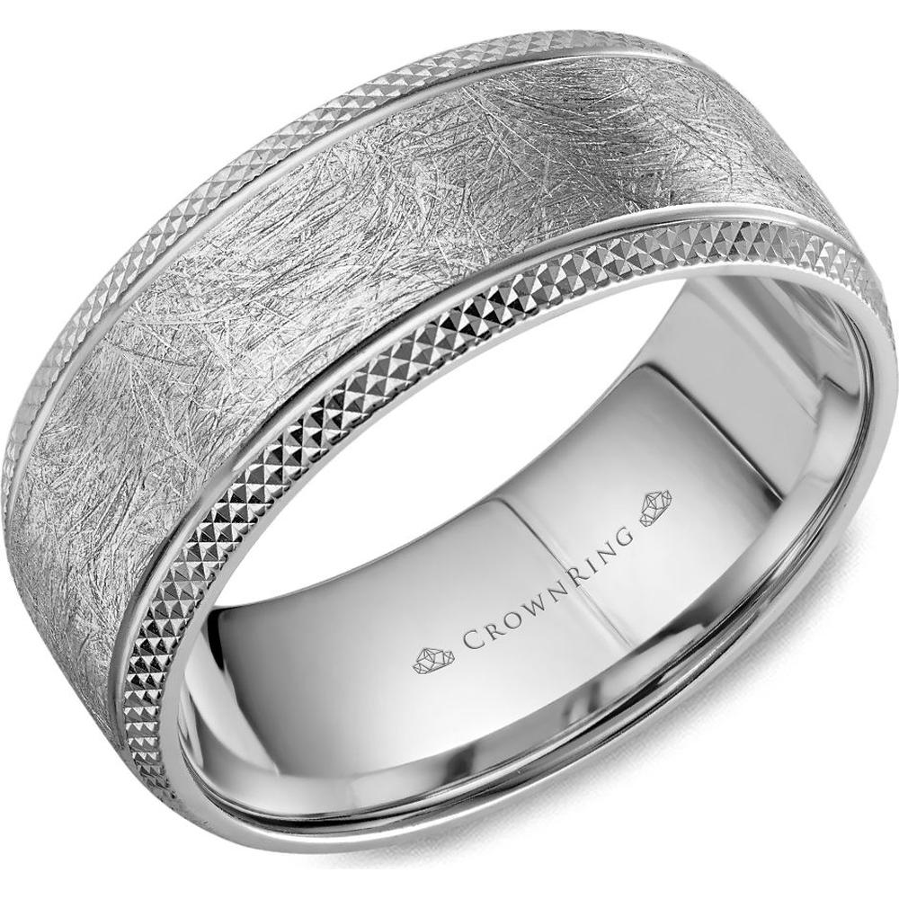 CrownRing Men's Wedding Band with scratch finish and diamond-cut edge detailing in 14K white gold, 8.5mm width from the Carved Collection