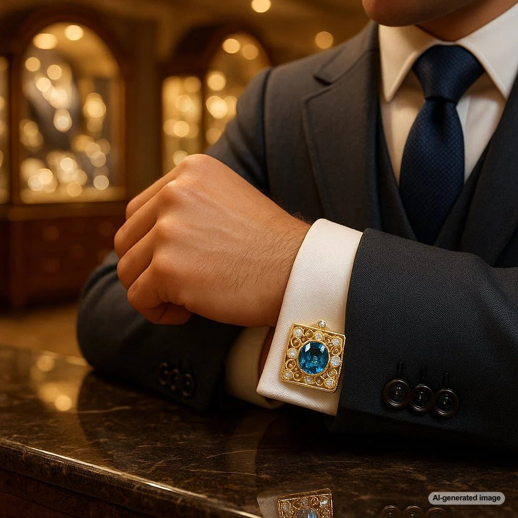 Vintage and modern cufflinks displayed on a French cuff shirt, showcasing their elegance and versatility.