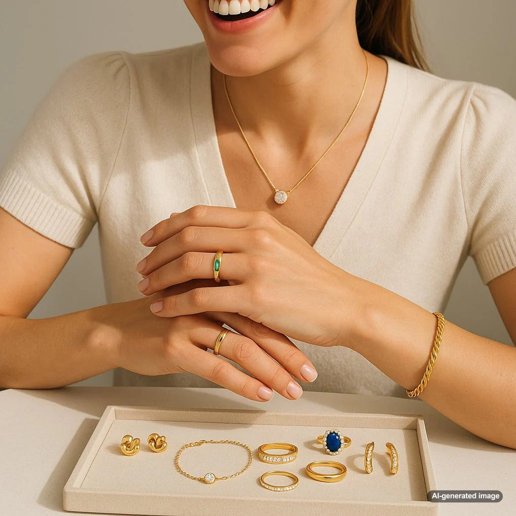 A curated selection of minimalist fine jewelry including diamond studs, a delicate necklace, and a simple bangle arranged elegantly on a neutral background
