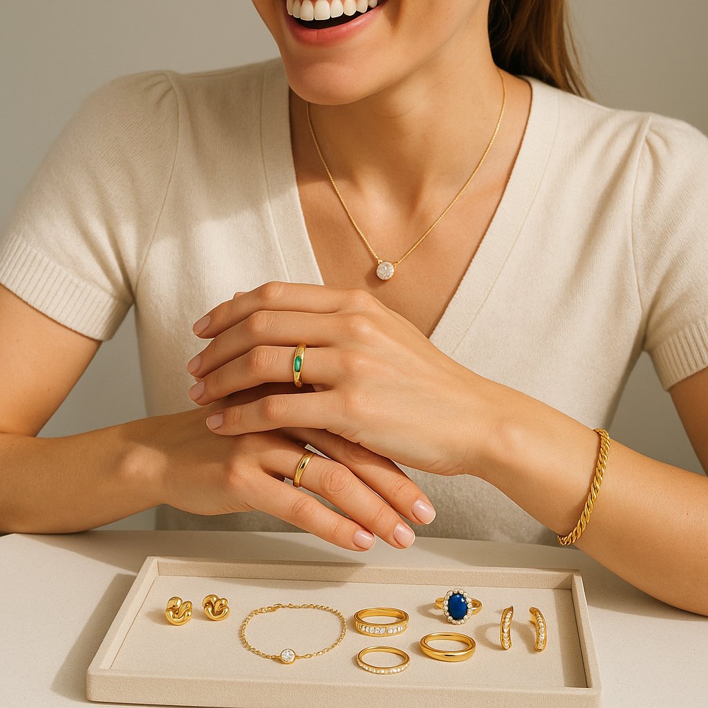 A curated selection of minimalist fine jewelry including diamond studs, a delicate necklace, and a simple bangle arranged elegantly on a neutral background