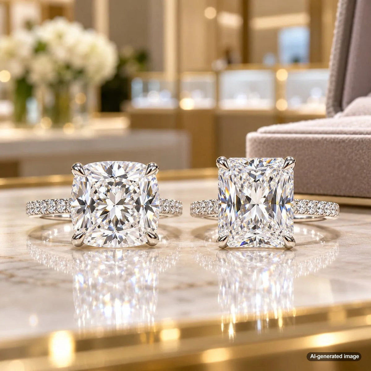 Cushion cut and radiant cut lab grown diamonds compared side by side to illustrate differences in shape, visible size, and sparkle at the same carat weight
