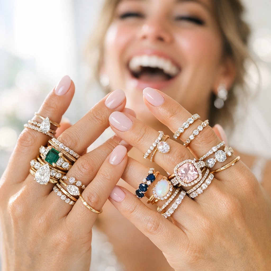 A beautifully stacked collection of rings including a textured band, a sapphire eternity ring, and a diamond pav&eacute; band, showcasing a unique bridal jewelry combination.