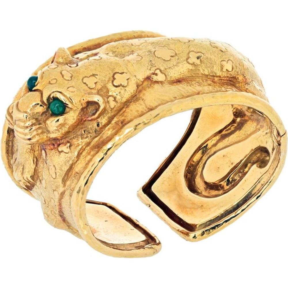 David Webb 18k Yellow Gold Repousse Leopard Bracelet with Green Emerald Eyes