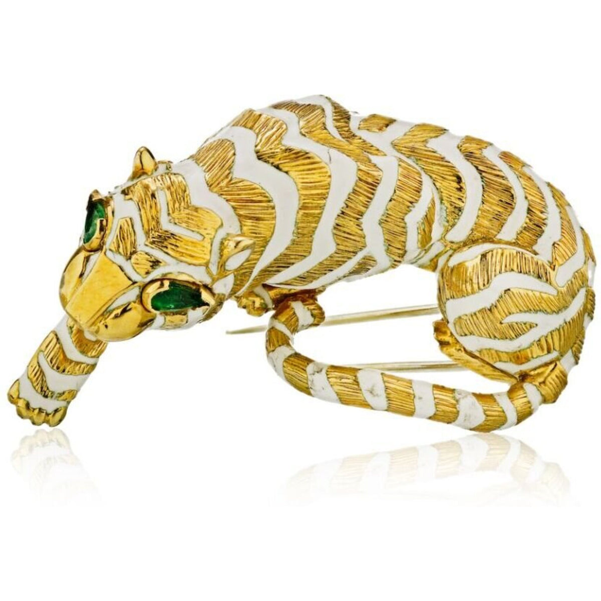 David Webb 18k Yellow Gold Tiger Brooch with White Enamel and Emerald Eyes