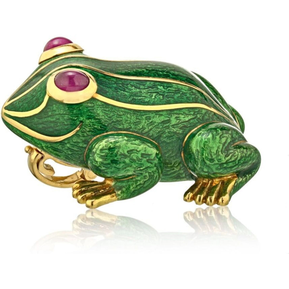 David Webb Kingdom 18k Yellow Gold Green Enamel Frog Pendant Necklace