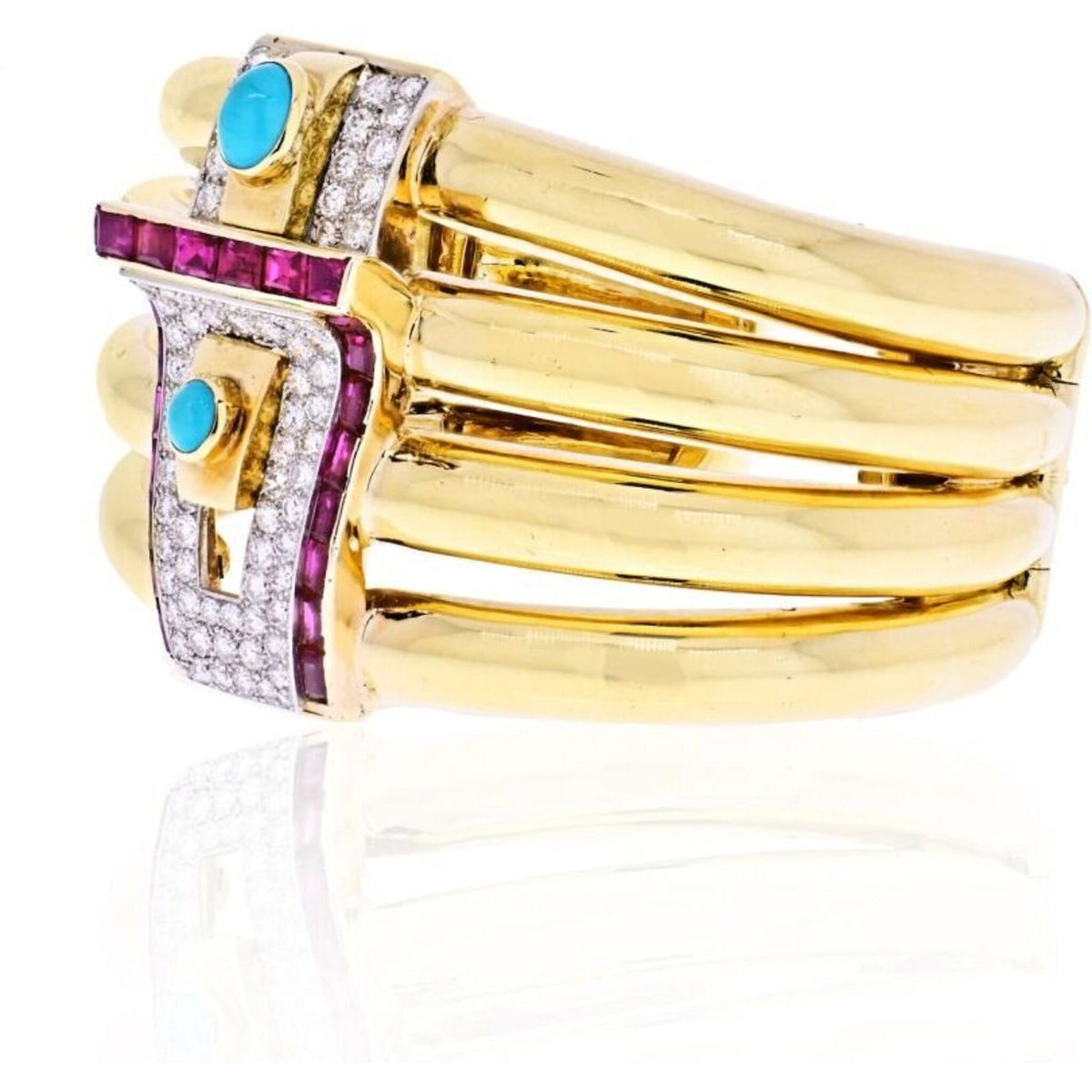 Exquisite David Webb Platinum and 18K Yellow Gold Diamond, Ruby, and Turquoise Bangle Bracelet