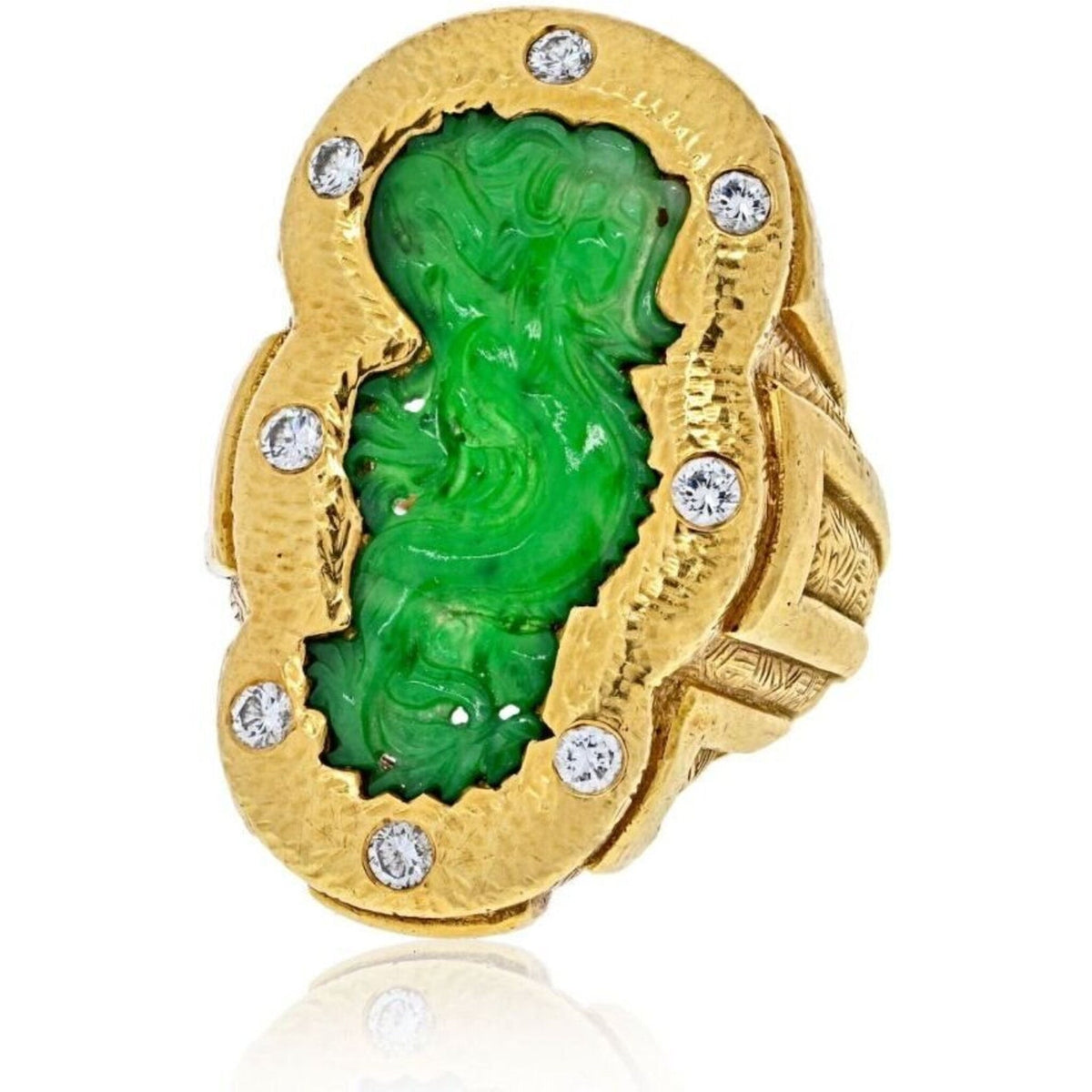 David Webb Platinum and 18k Yellow Gold Carved Jade Dragon Ring