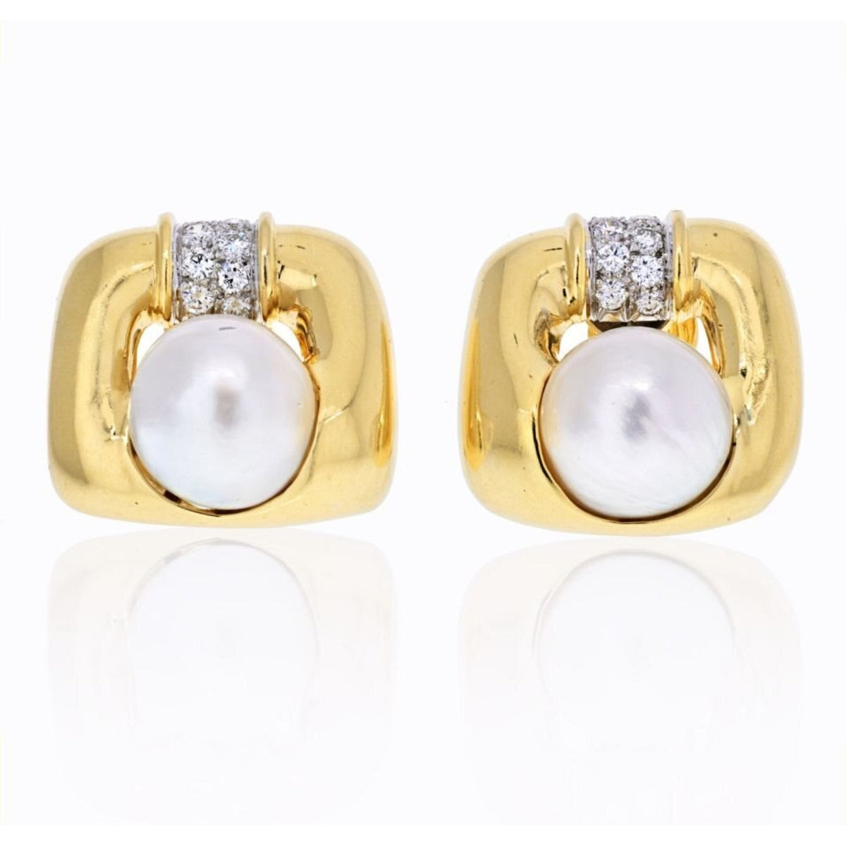 David Webb Platinum & 18K Yellow Gold Soft Cushion Shaped Pearl and Diamond Earrings