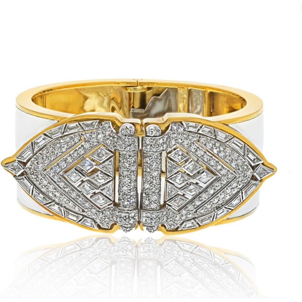 David Webb Platinum & 18K Yellow Gold White Enamel Shield Diamond Clips Cuff Bracelet - Timeless Elegance & Hollywood Glamour