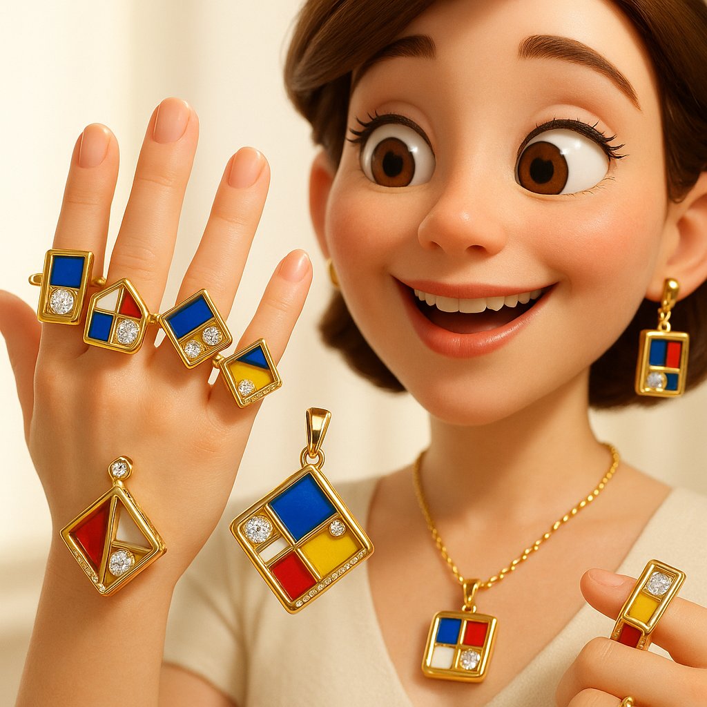 De Stijl inspired geometric jewelry featuring bold primary colors and clean lines in rings and pendants