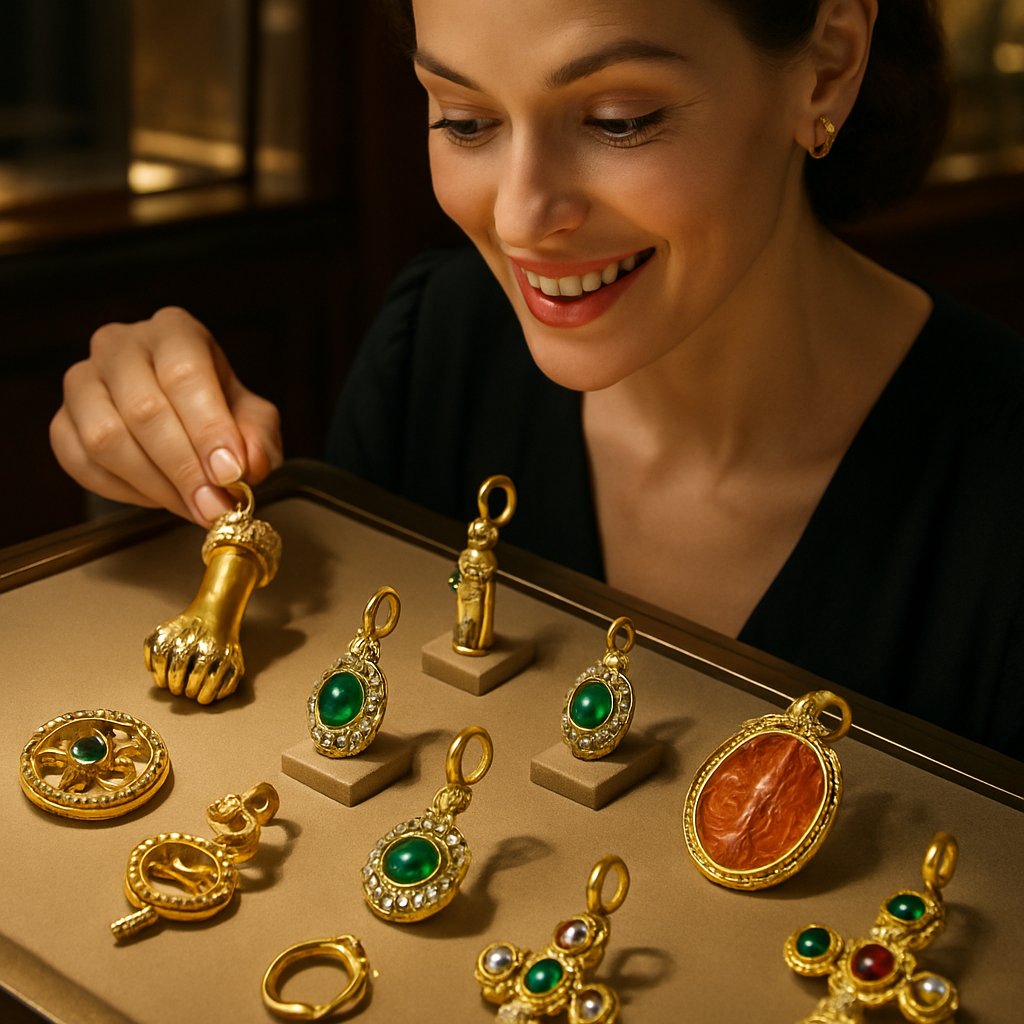 Close-up of ancient Roman-inspired jewelry featuring a bulla pendant and carved talismans against a dark background, showcasing historical craftsmanship.