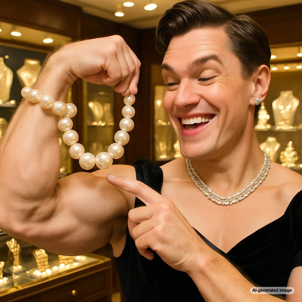 Modern masculine pearl jewelry featuring a black pearl ring and a pearl pendant on a leather cord