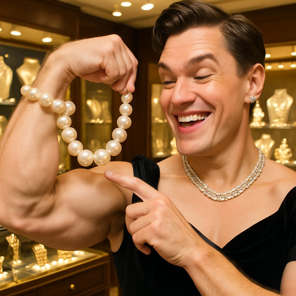 Modern masculine pearl jewelry featuring a black pearl ring and a pearl pendant on a leather cord