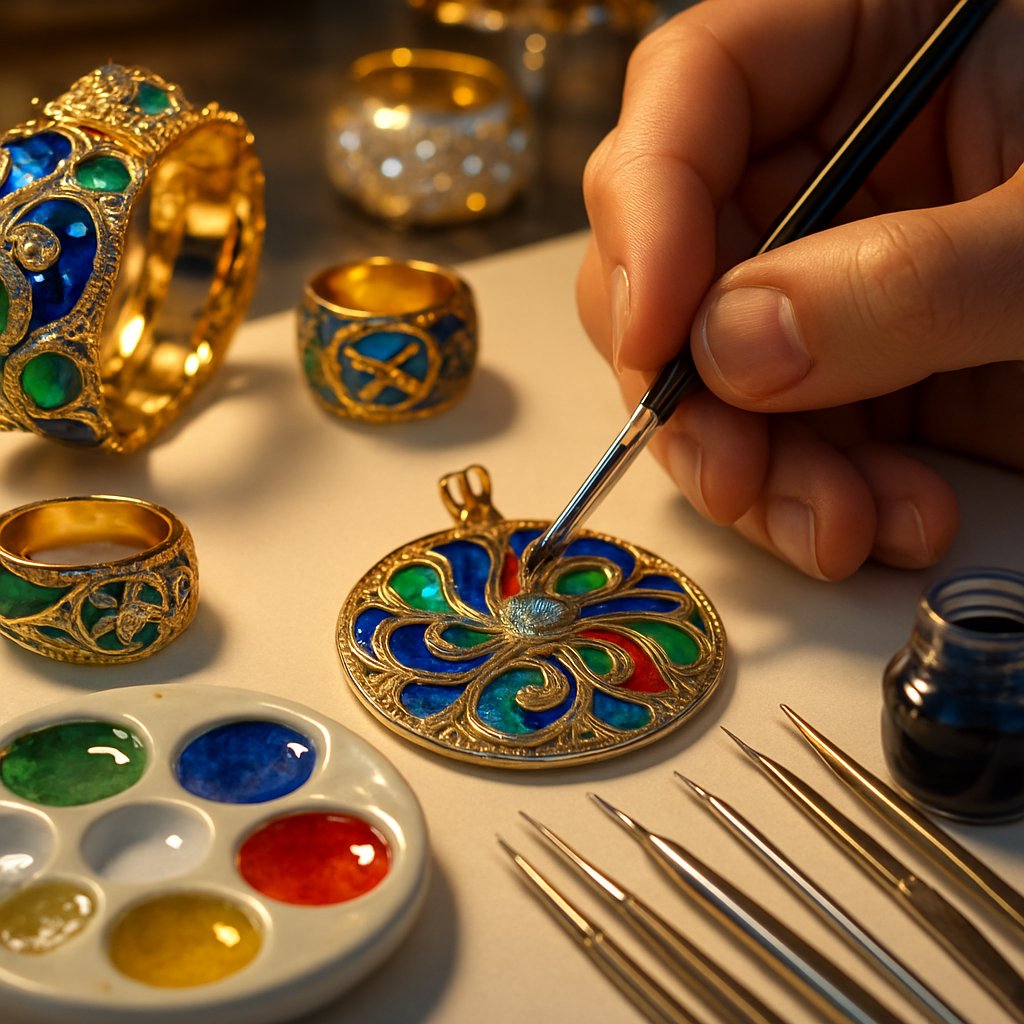 Close-up of vibrant blue and green enamel work on a luxury gold ring, showcasing the intricate artistry and glossy finish.