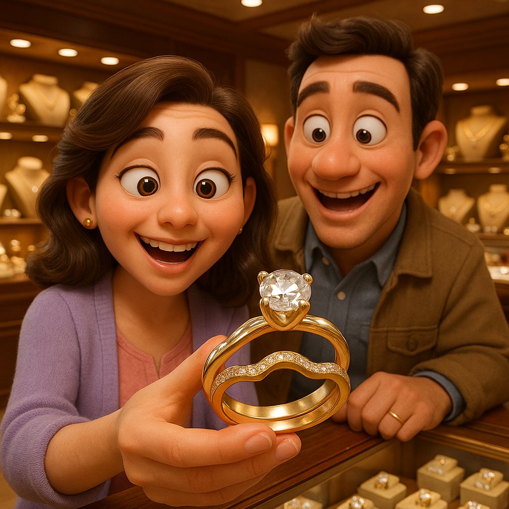 Close-up image of a uniquely shaped pear-cut diamond engagement ring paired with a custom-designed, curved wedding band that fits perfectly against its contour.