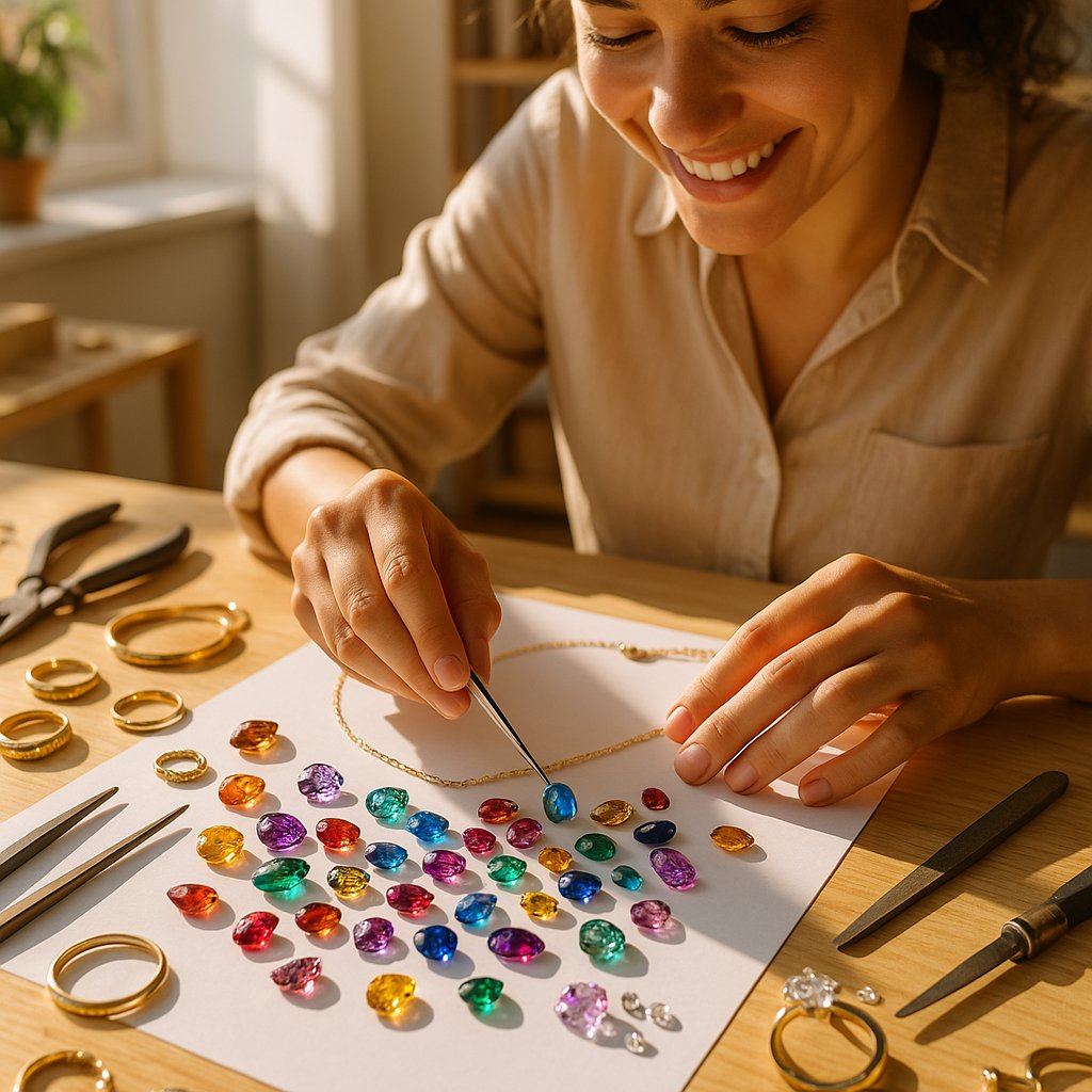 A designer's hand sketching a custom ring design next to loose sapphires and diamonds at Robinson's Jewelers