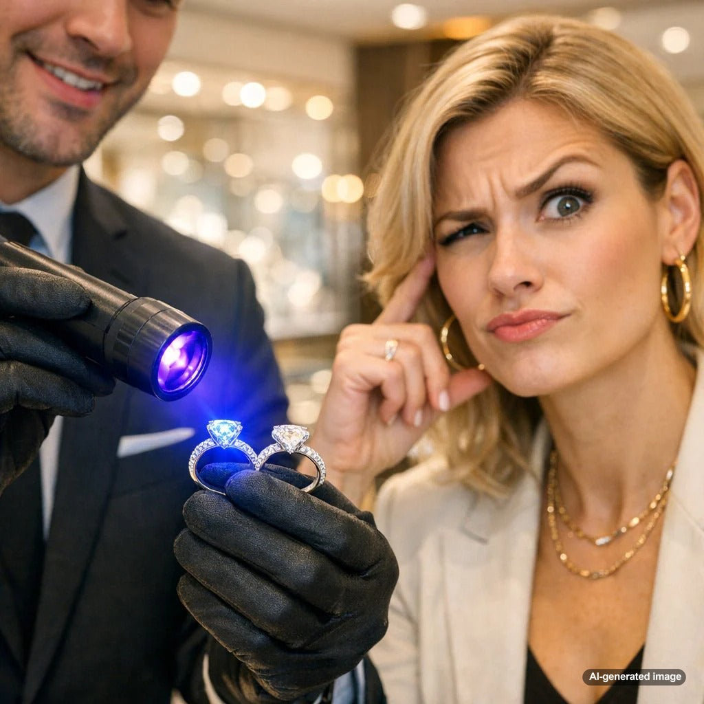 Close-up comparison of diamond fluorescence under normal light and UV light showing a soft blue glow