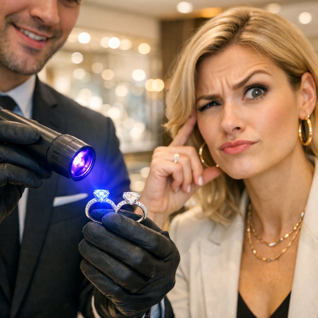 Close-up comparison of diamond fluorescence under normal light and UV light showing a soft blue glow
