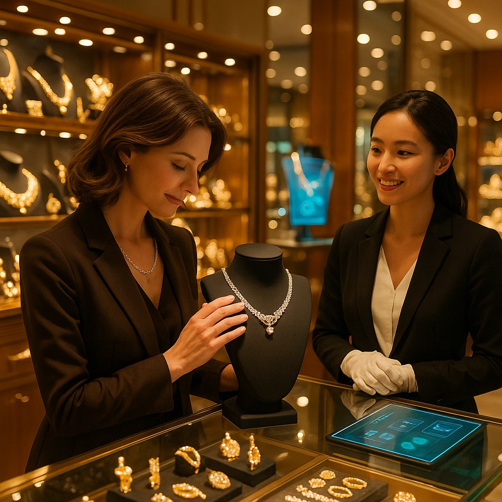 Close-up of a brilliant cut diamond with digital blockchain visualization overlay, symbolizing technology and provenance