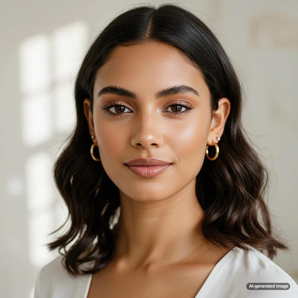 Woman wearing elegant diamond drop earrings that enhance her youthful glow