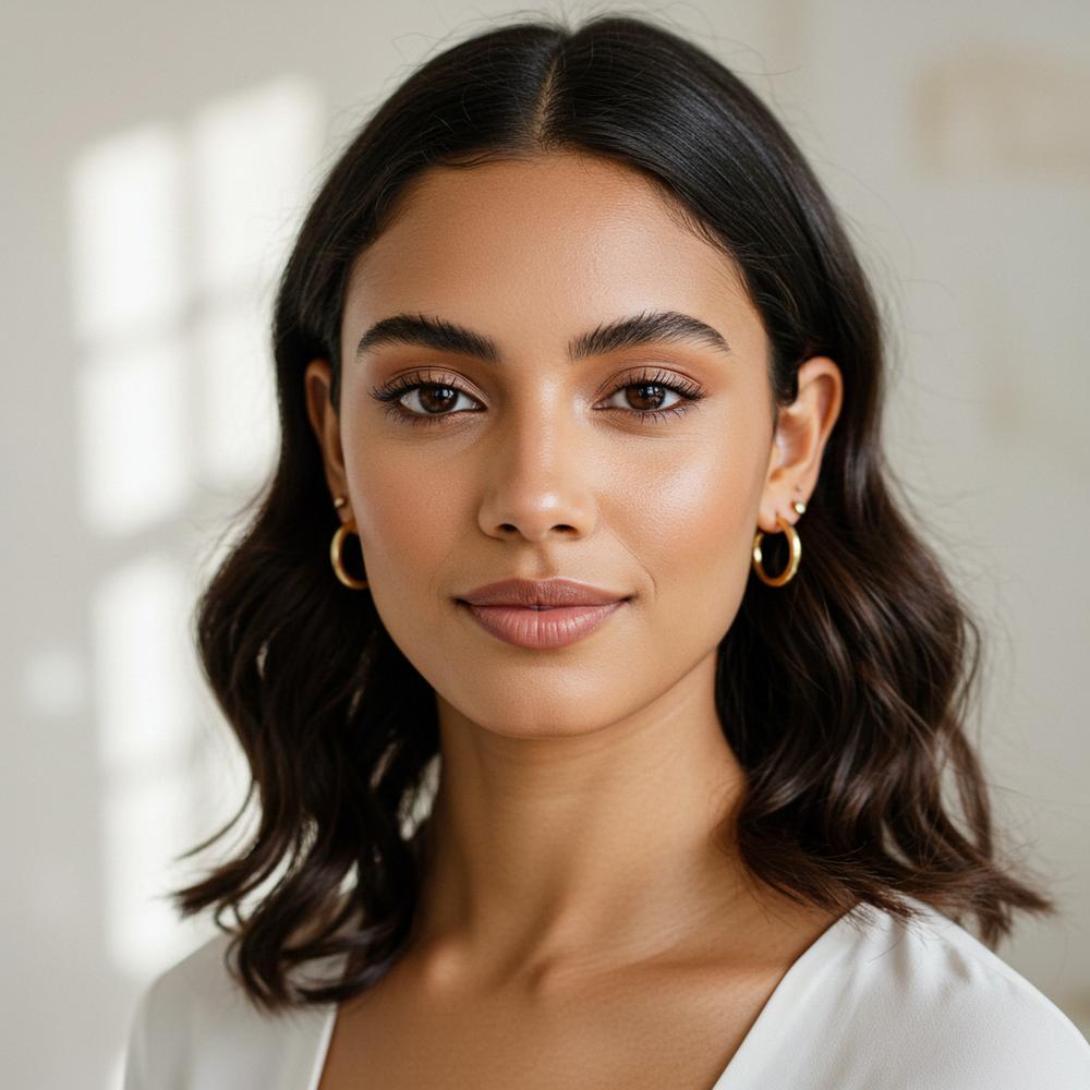 Woman wearing elegant diamond drop earrings that enhance her youthful glow