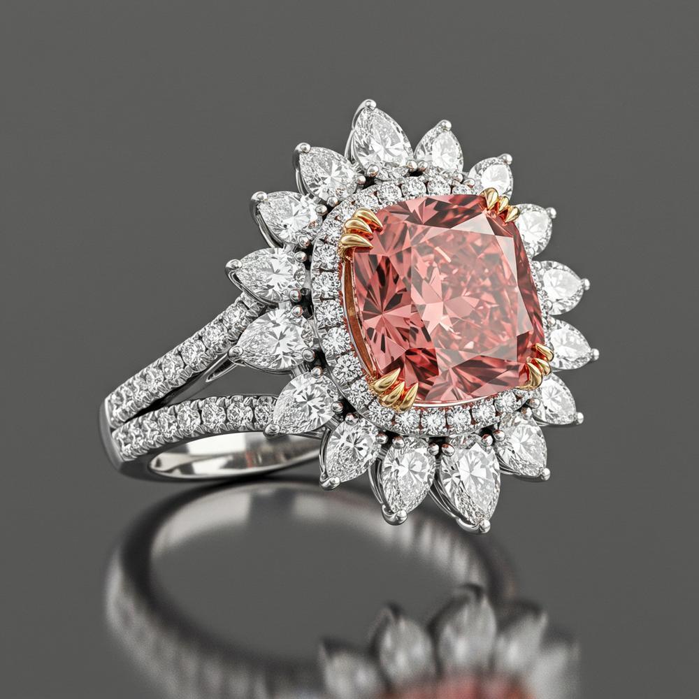 Vibrant fancy color lab grown diamonds in various hues, showcasing pink, blue, and yellow diamonds in elegant jewelry settings.