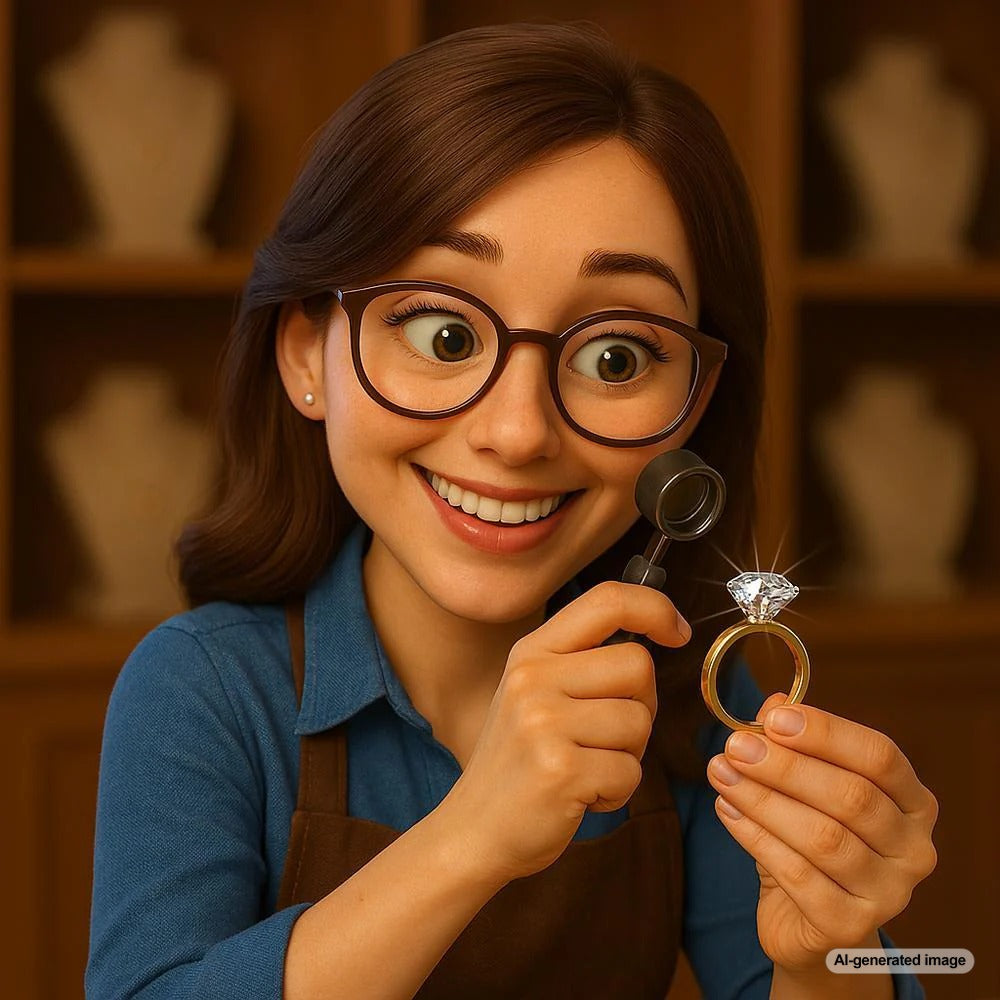Lab grown diamond ring being examined by a jeweler with appraisal tools