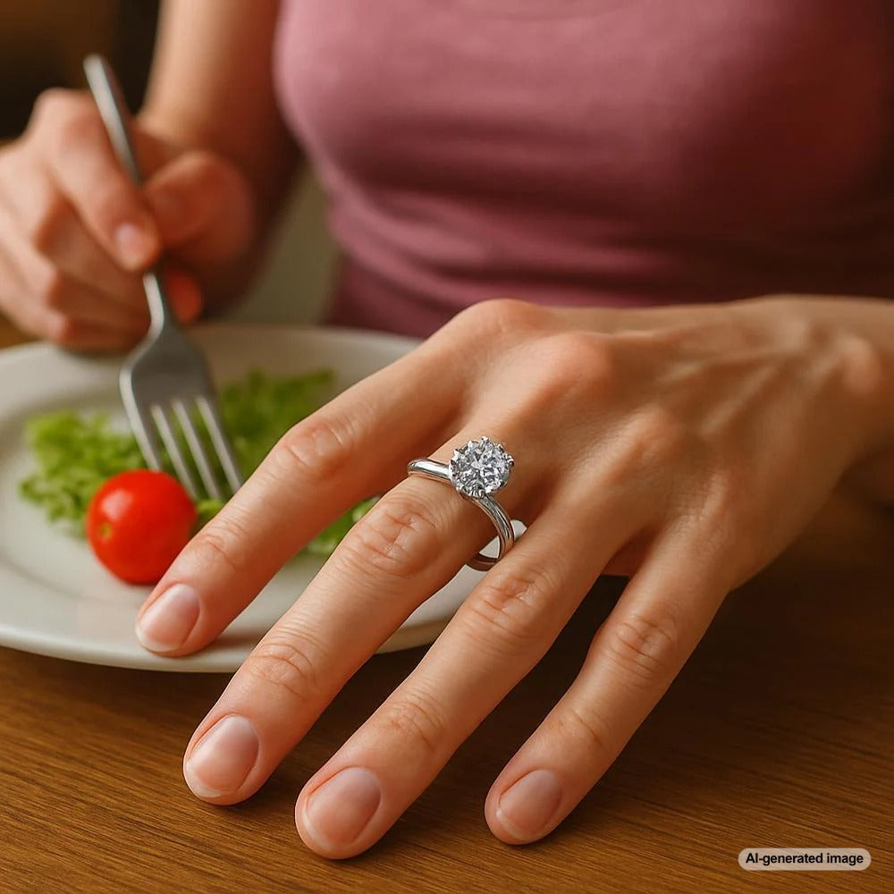 Close-up of a woman's hand with a diamond ring that has become loose after weight loss