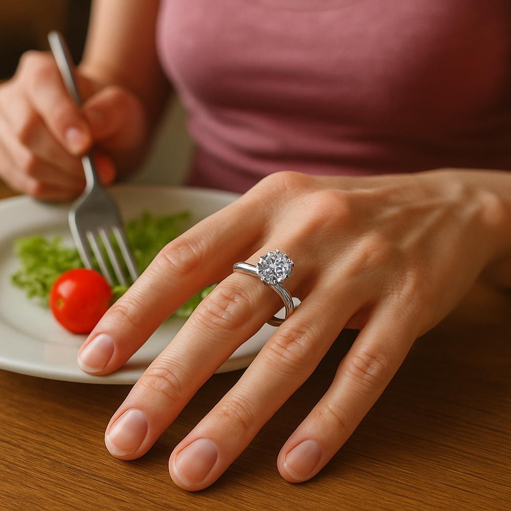 Close-up of a woman's hand with a diamond ring that has become loose after weight loss