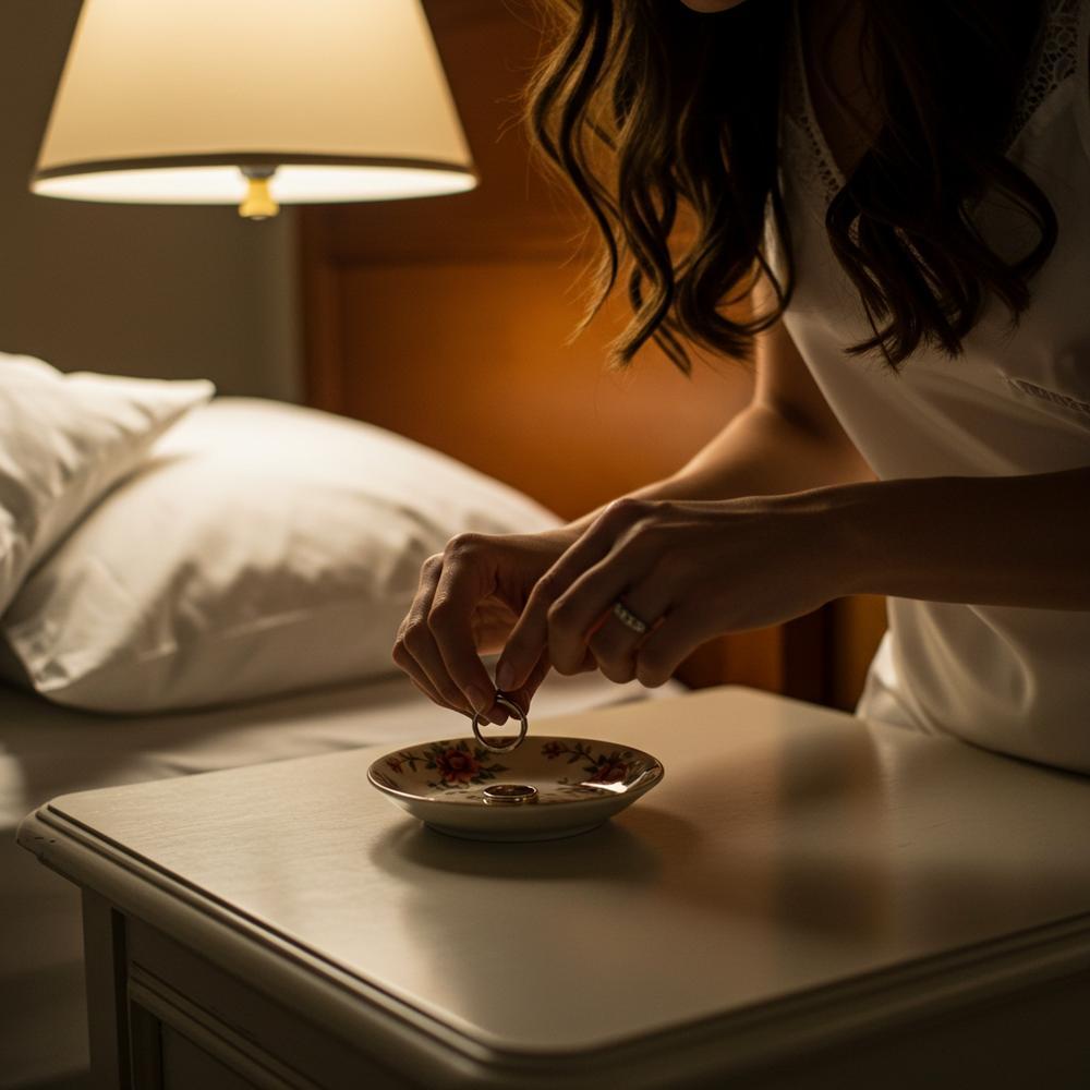 Close-up of a wedding ring on a bedside table, with soft morning light highlighting its brilliance