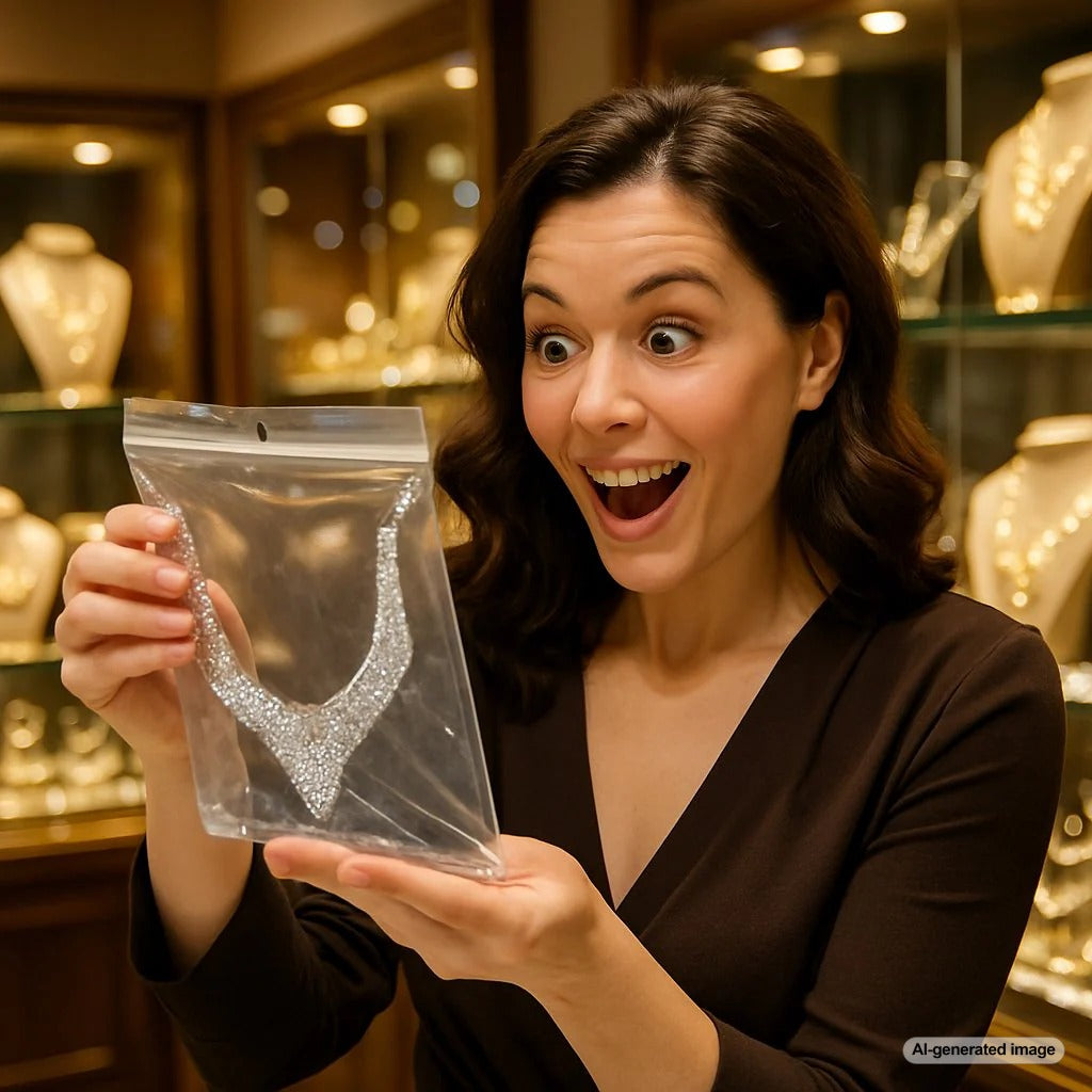 Silver jewelry partially inside a ziplock bag on a dark surface