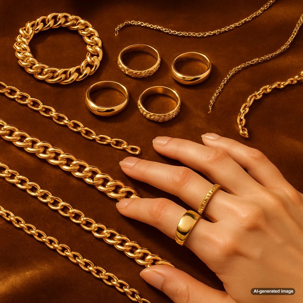 Close up of beautiful 14k gold jewelry including rings and necklaces showing their brilliant shine and resistance to tarnish