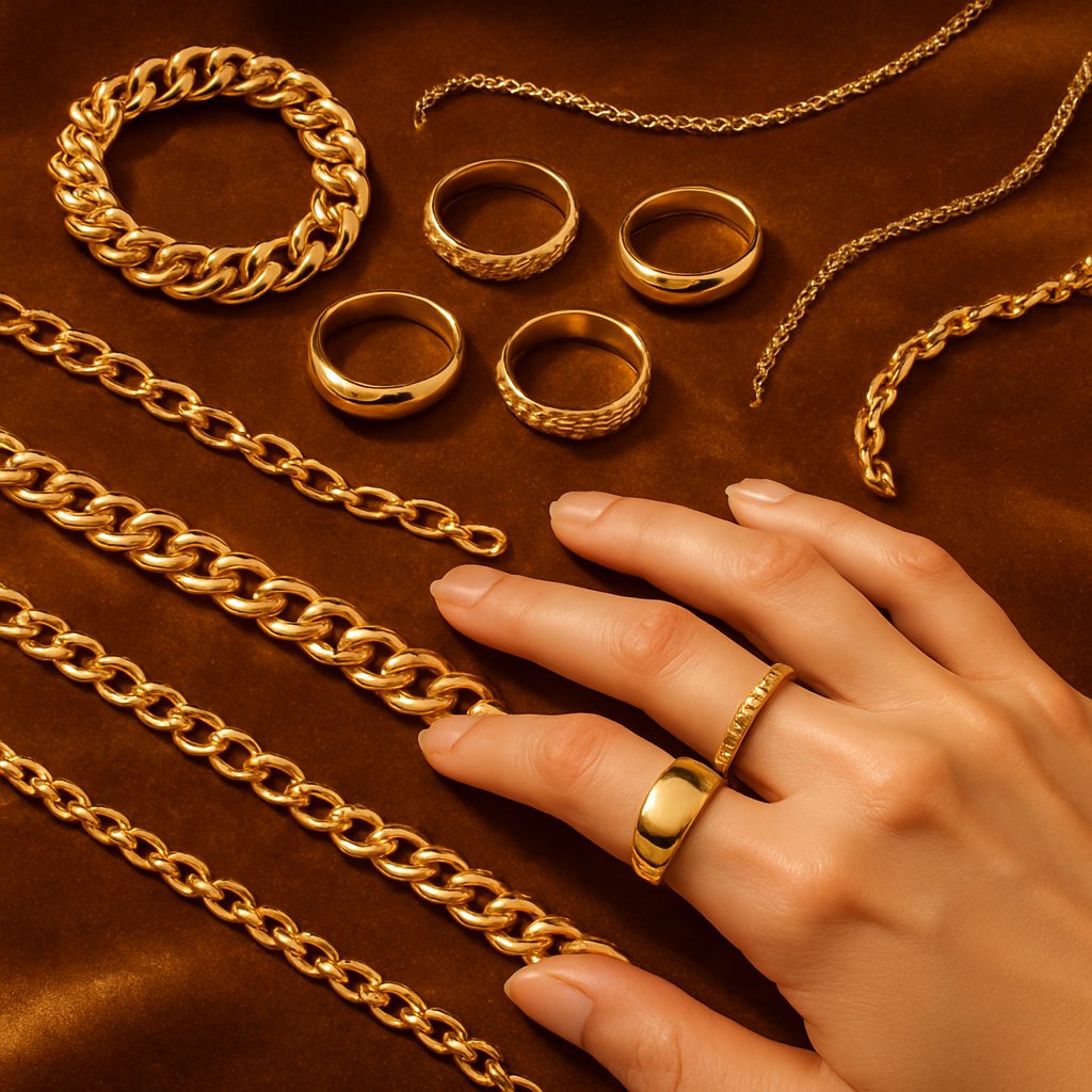 Close up of beautiful 14k gold jewelry including rings and necklaces showing their brilliant shine and resistance to tarnish