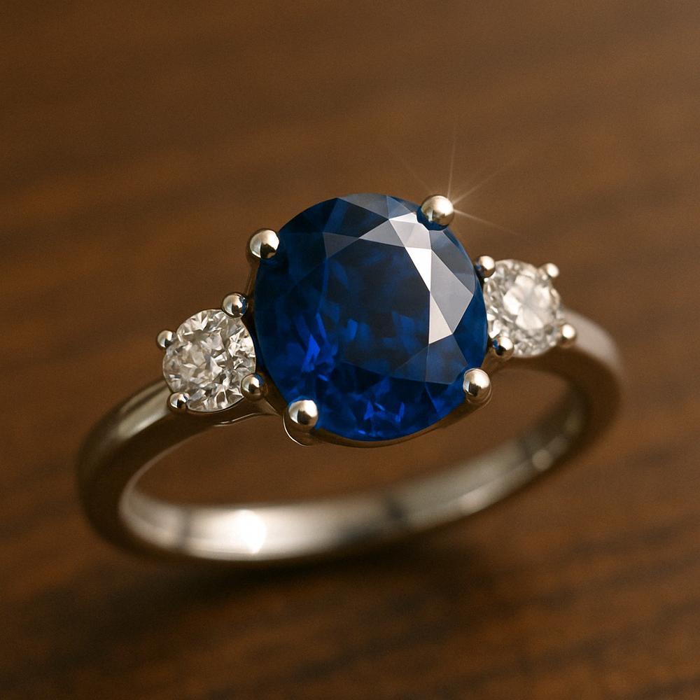 A stunning blue sapphire gemstone sparkling under light, set in an elegant ring