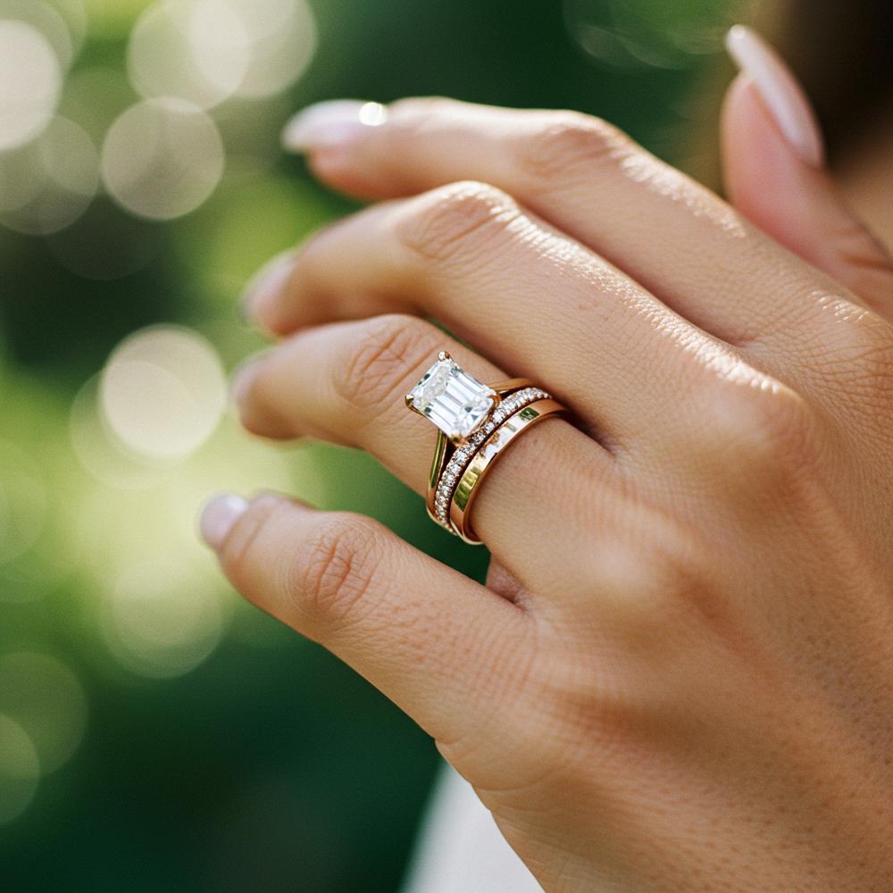 Beautiful diamond engagement ring paired with a wedding band on a woman's hand