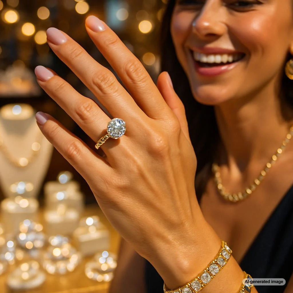 Close-up of a brilliant GIA certified diamond engagement ring next to its official Gemological Institute of America grading report.