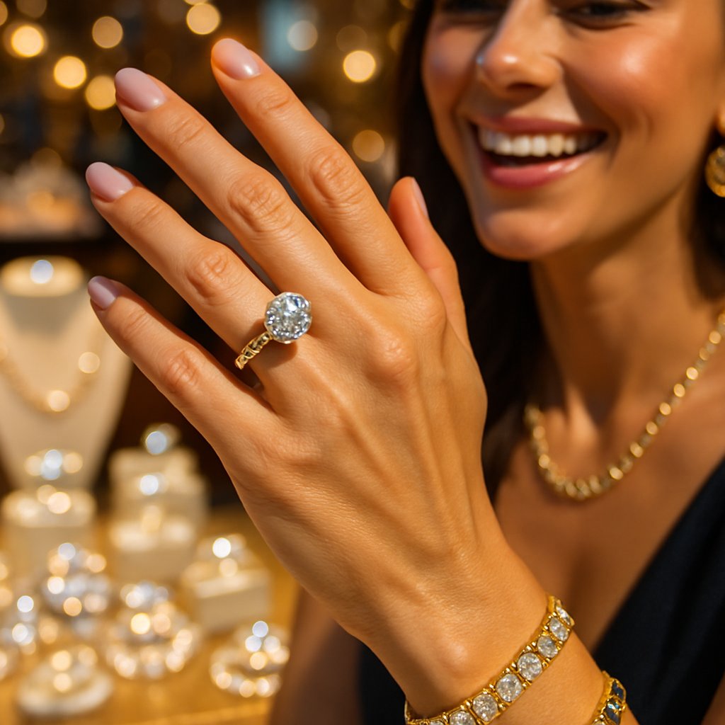 Close-up of a brilliant GIA certified diamond engagement ring next to its official Gemological Institute of America grading report.